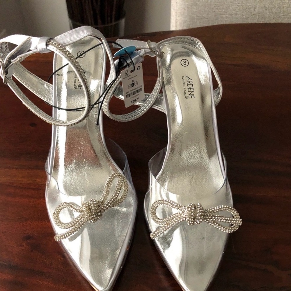 Ardene Silver Pointed Toe Ankle Strap Heels with Pearl Bow Accent